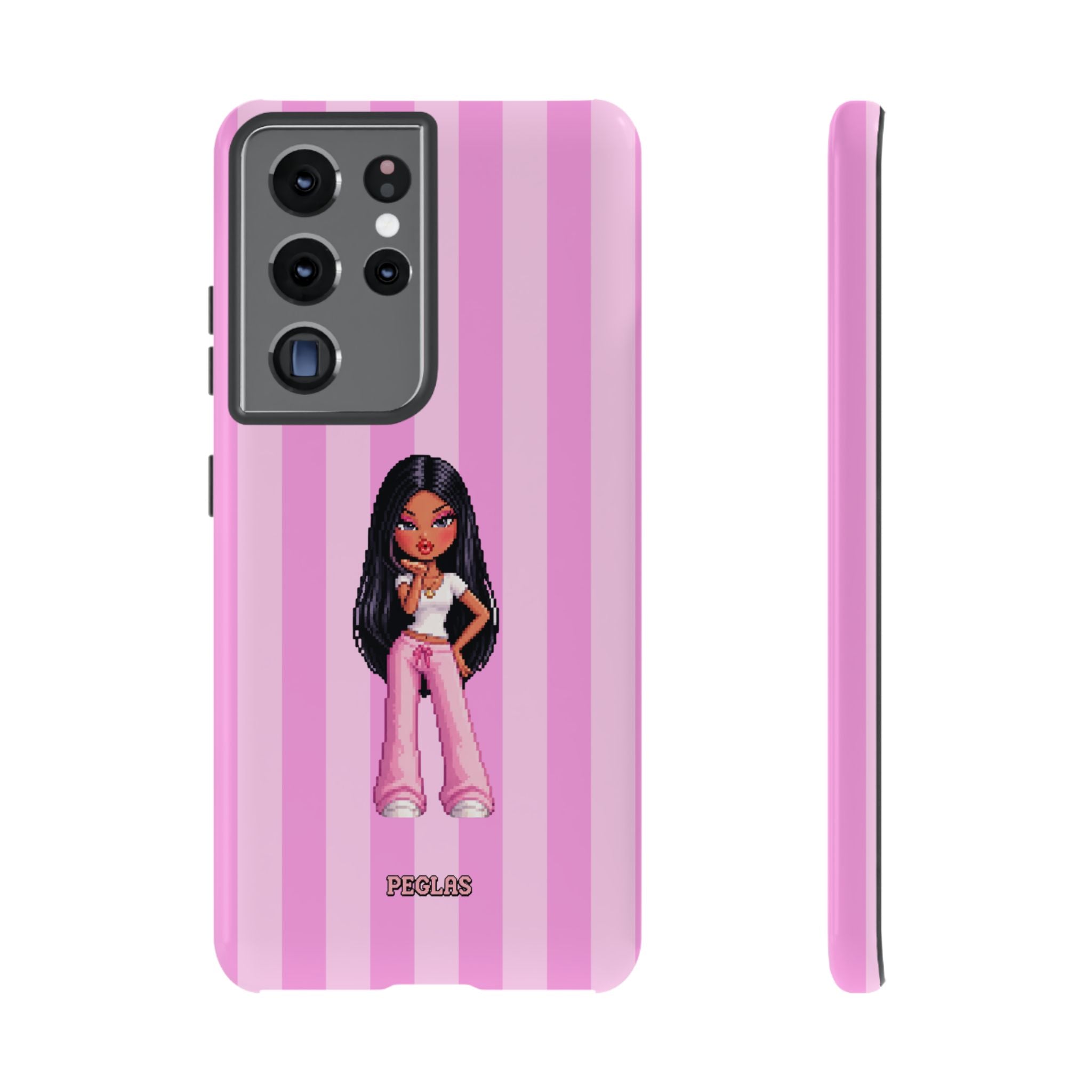 Pink Pixel Art Doll Phone Case — Y2K Baddie Girl Illustration