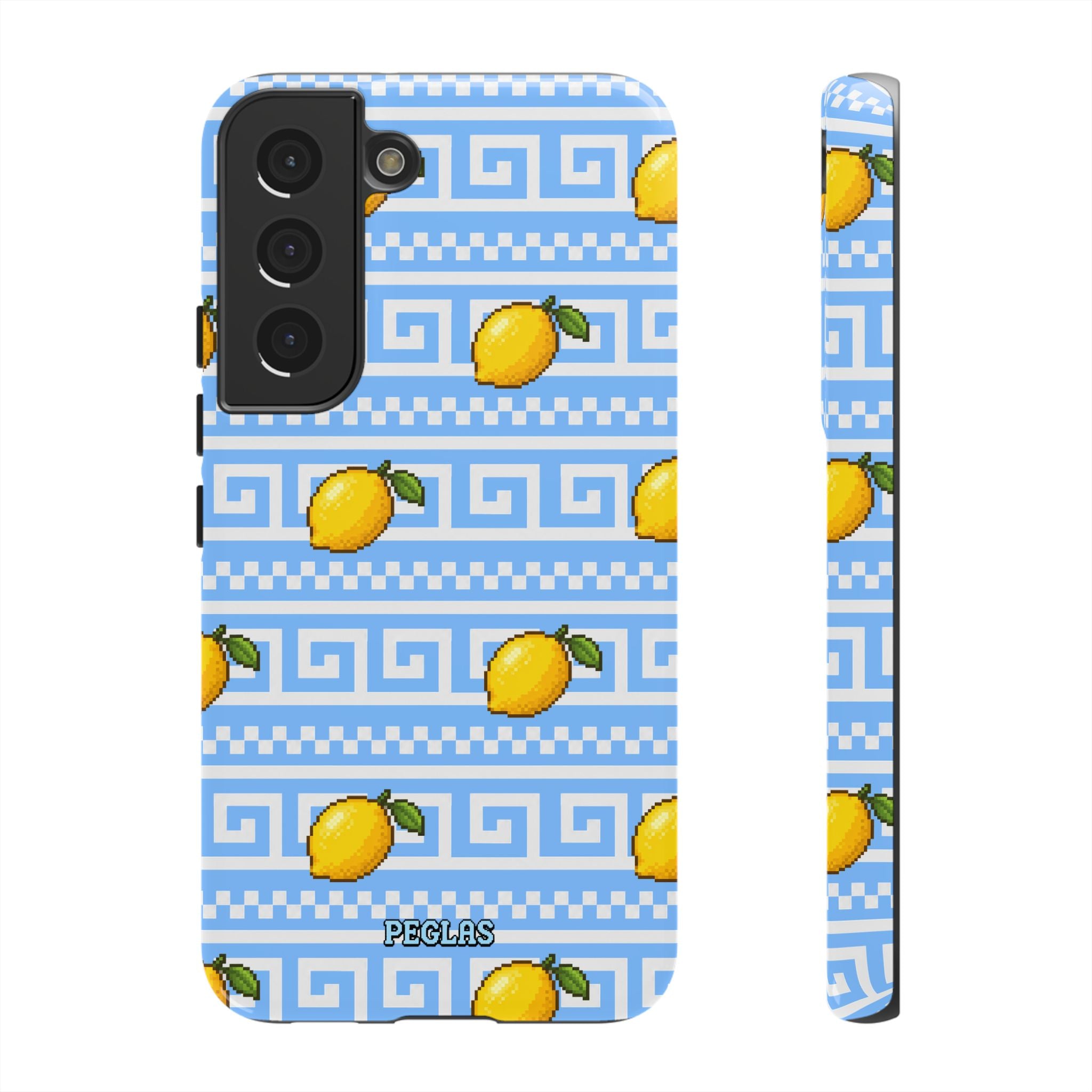 Lemon Greek Key Phone Case — Blue Citrus Pattern Tough Case