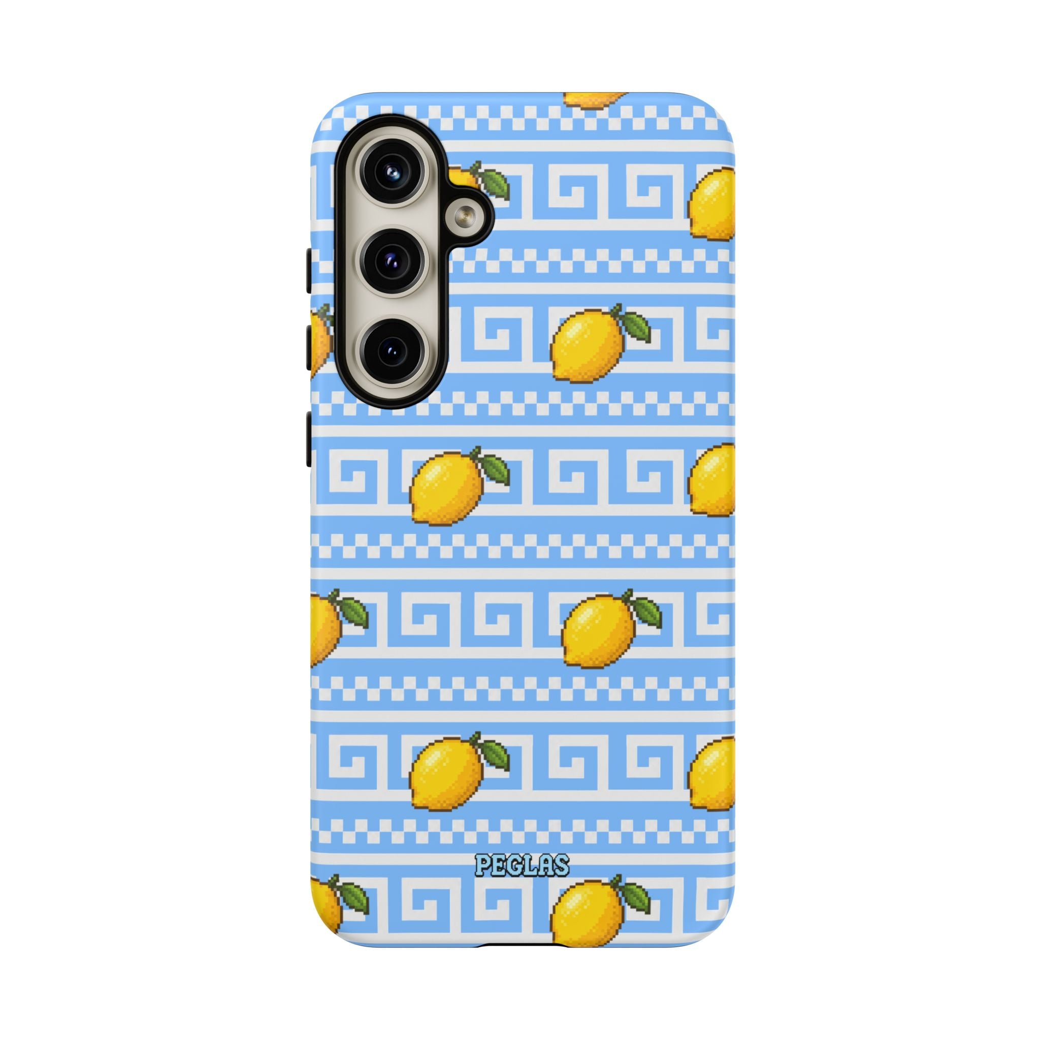 Lemon Greek Key Phone Case — Blue Citrus Pattern Tough Case