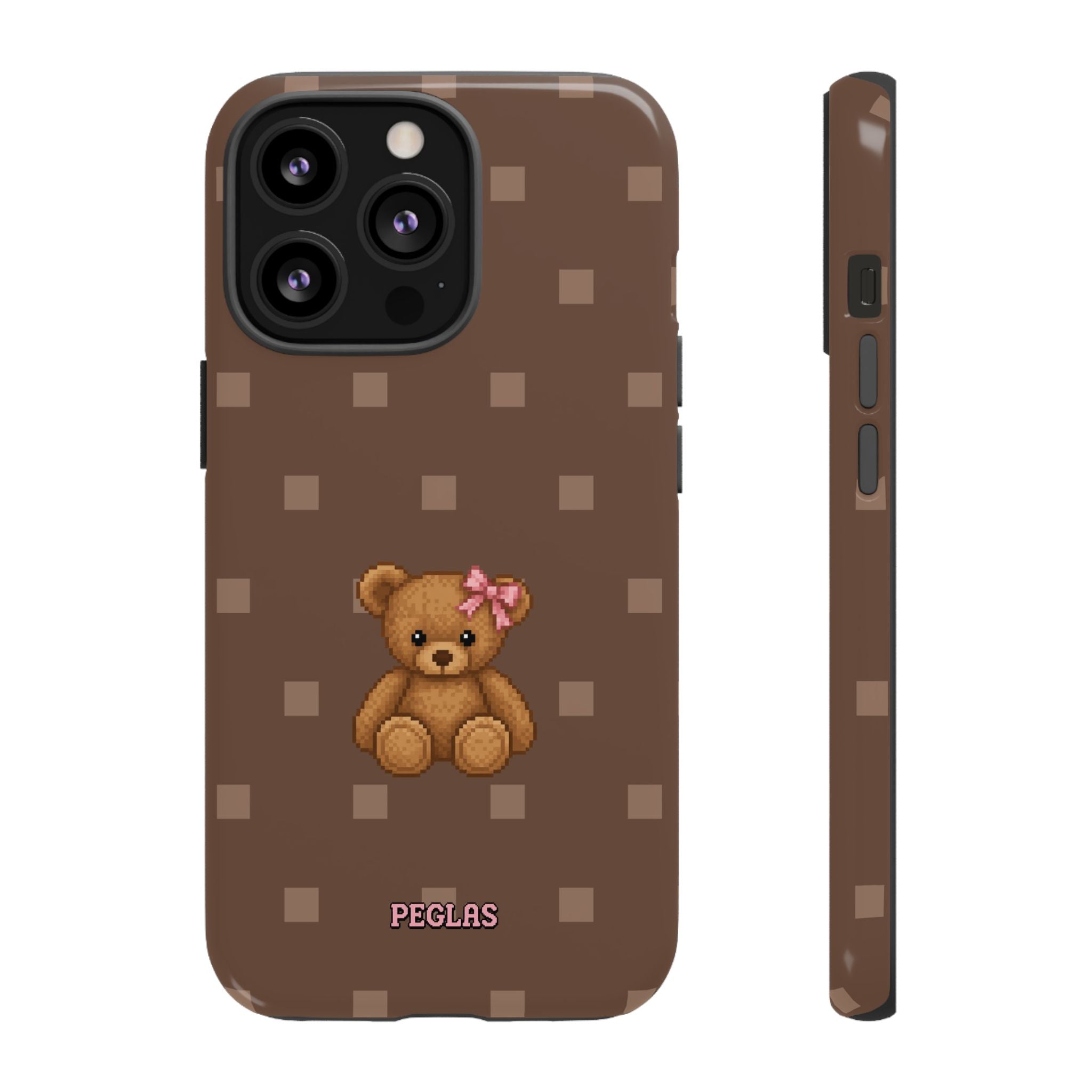 Teddy Bear Tough Phone Case — Cute Brown Polka Dot Protective Cover