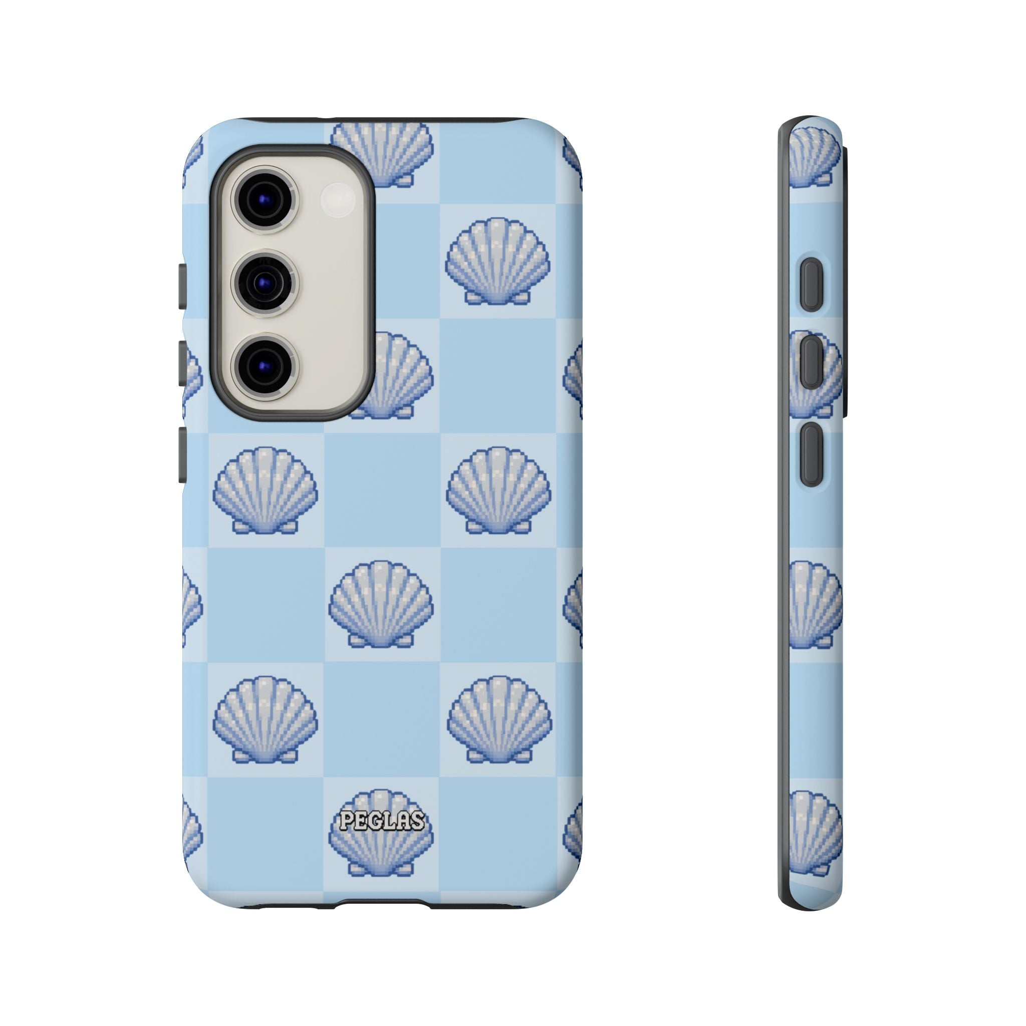 Shell Checkerboard Tough Phone Case — Light Blue Seashell Protective Cover