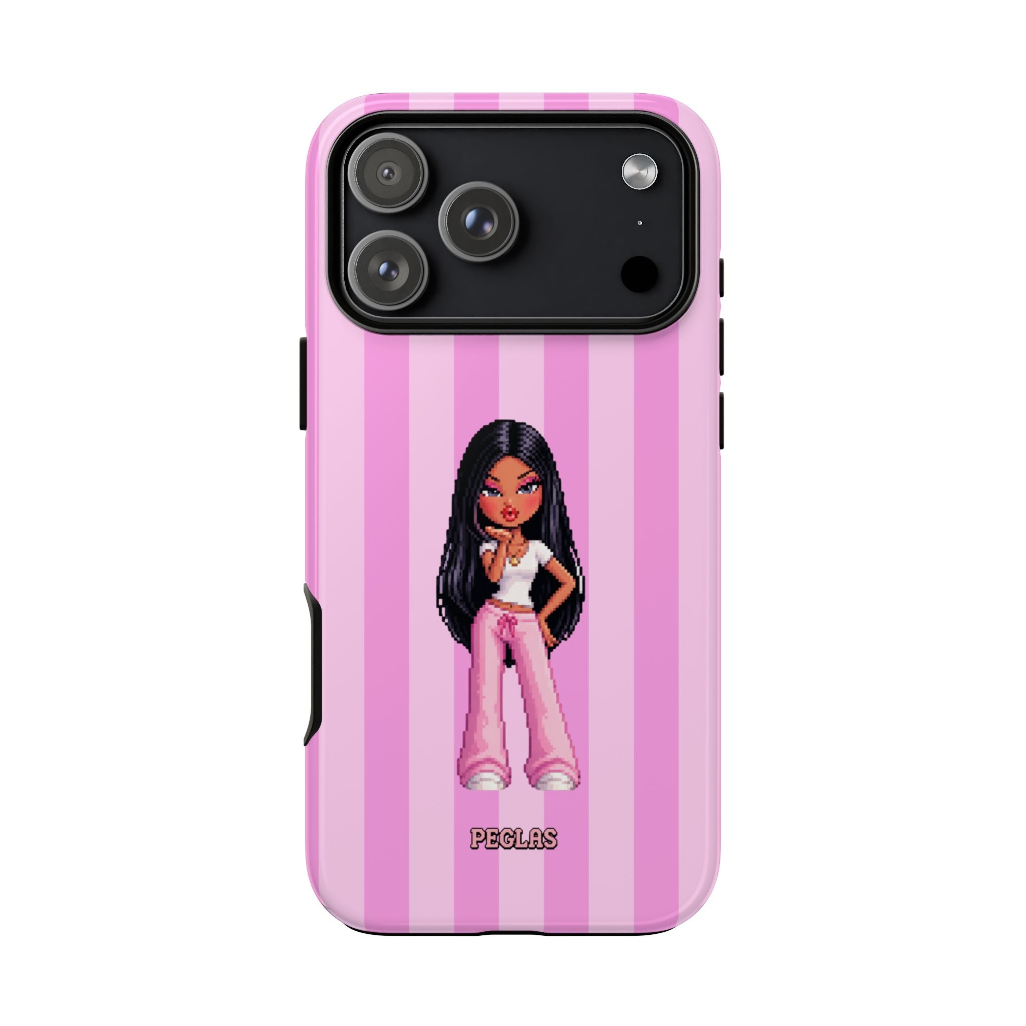 Pink Pixel Art Doll Phone Case — Y2K Baddie Girl Illustration