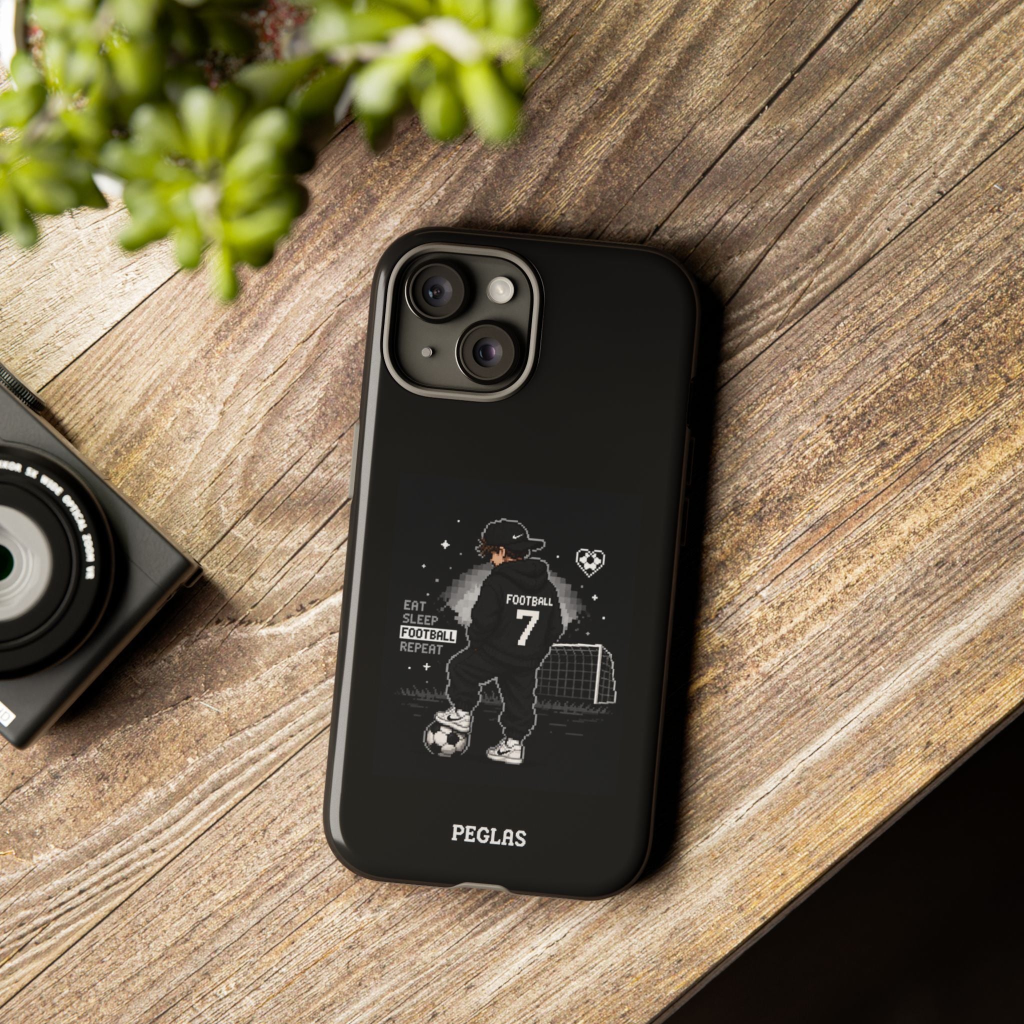 Football Player Phone Case - 'Eat Sleep Football Repeat' Black Tough Case, Soccer Goal Graphic