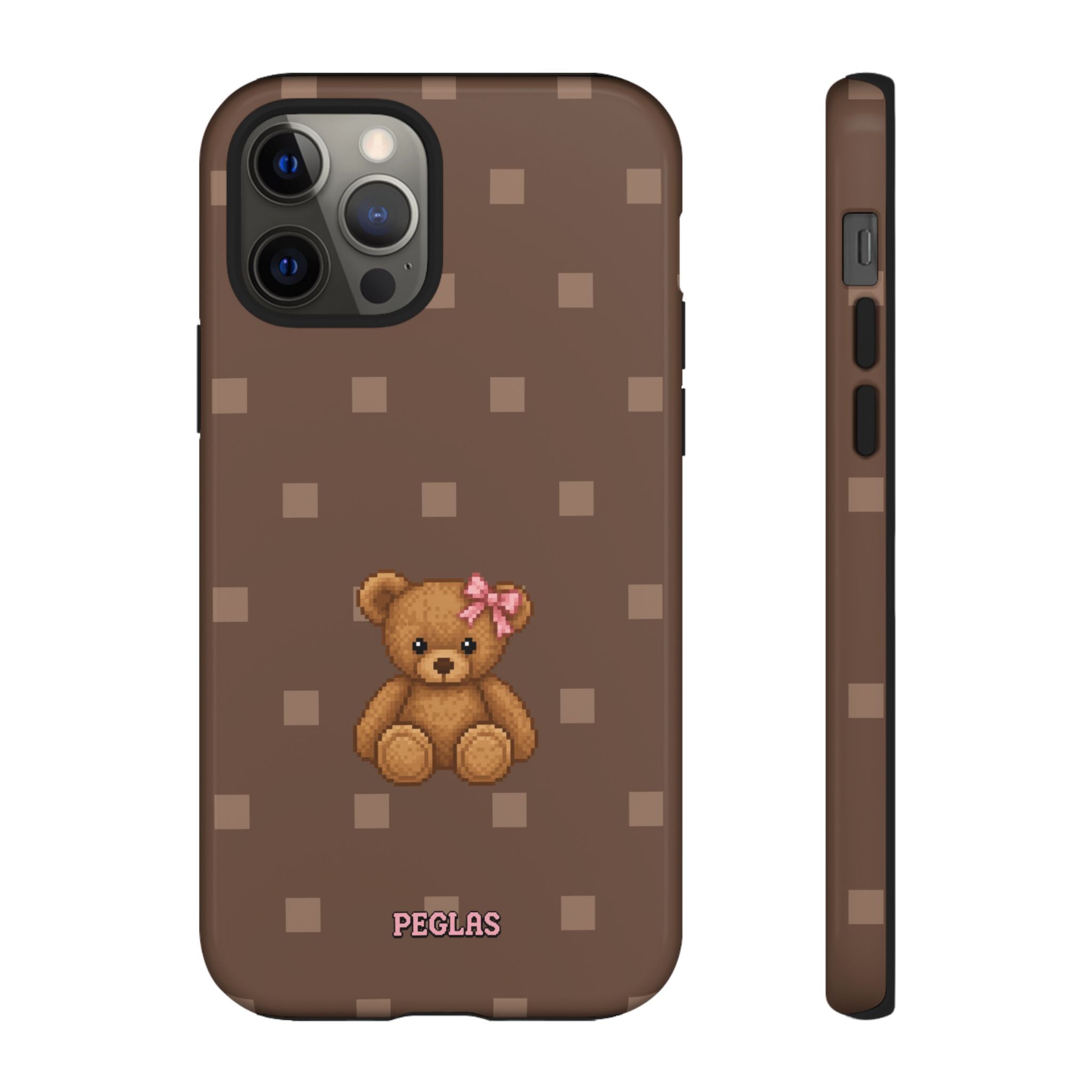 Teddy Bear Tough Phone Case — Cute Brown Polka Dot Protective Cover