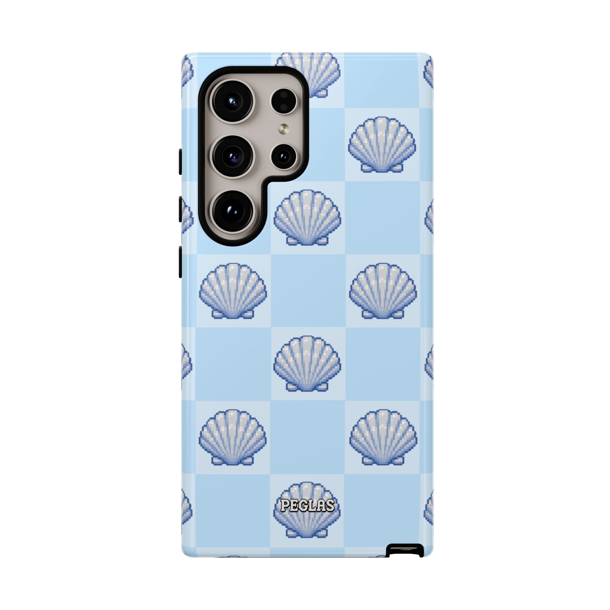 Shell Checkerboard Tough Phone Case — Light Blue Seashell Protective Cover