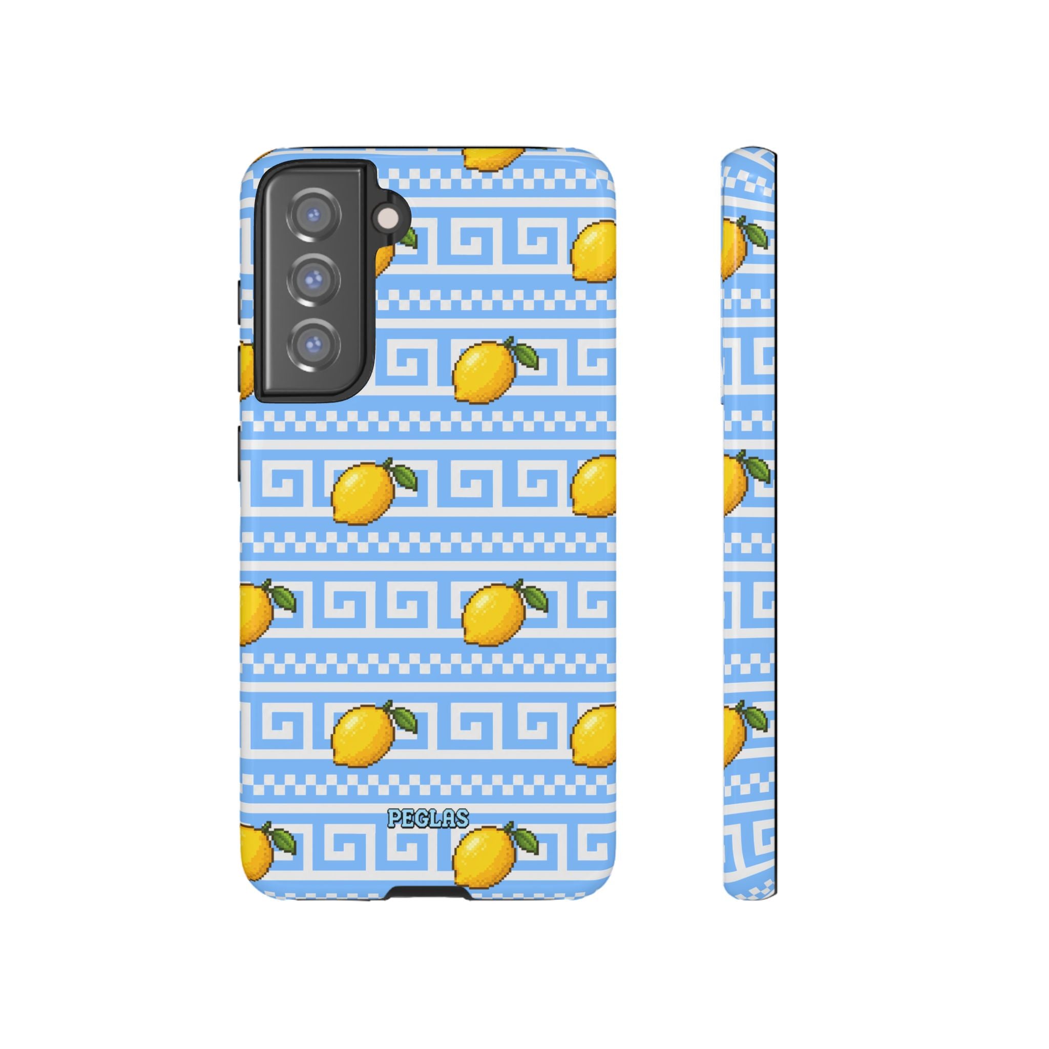Lemon Greek Key Phone Case — Blue Citrus Pattern Tough Case