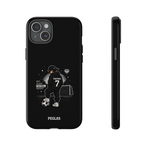 Football Player Phone Case - 'Eat Sleep Football Repeat' Black Tough Case, Soccer Goal Graphic