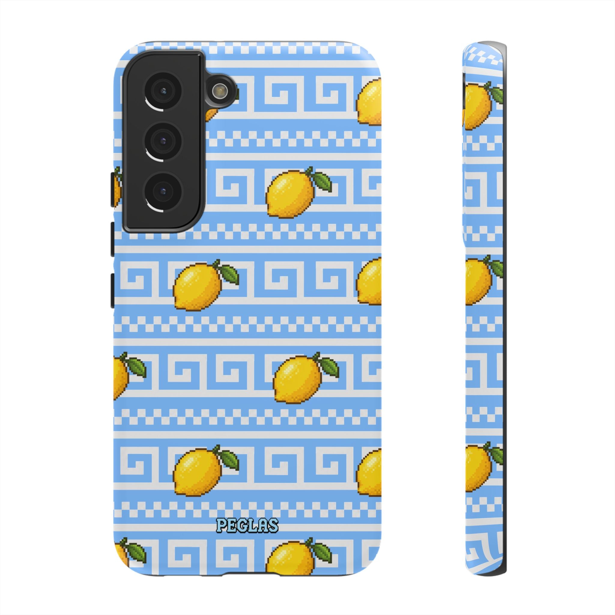 Lemon Greek Key Phone Case — Blue Citrus Pattern Tough Case