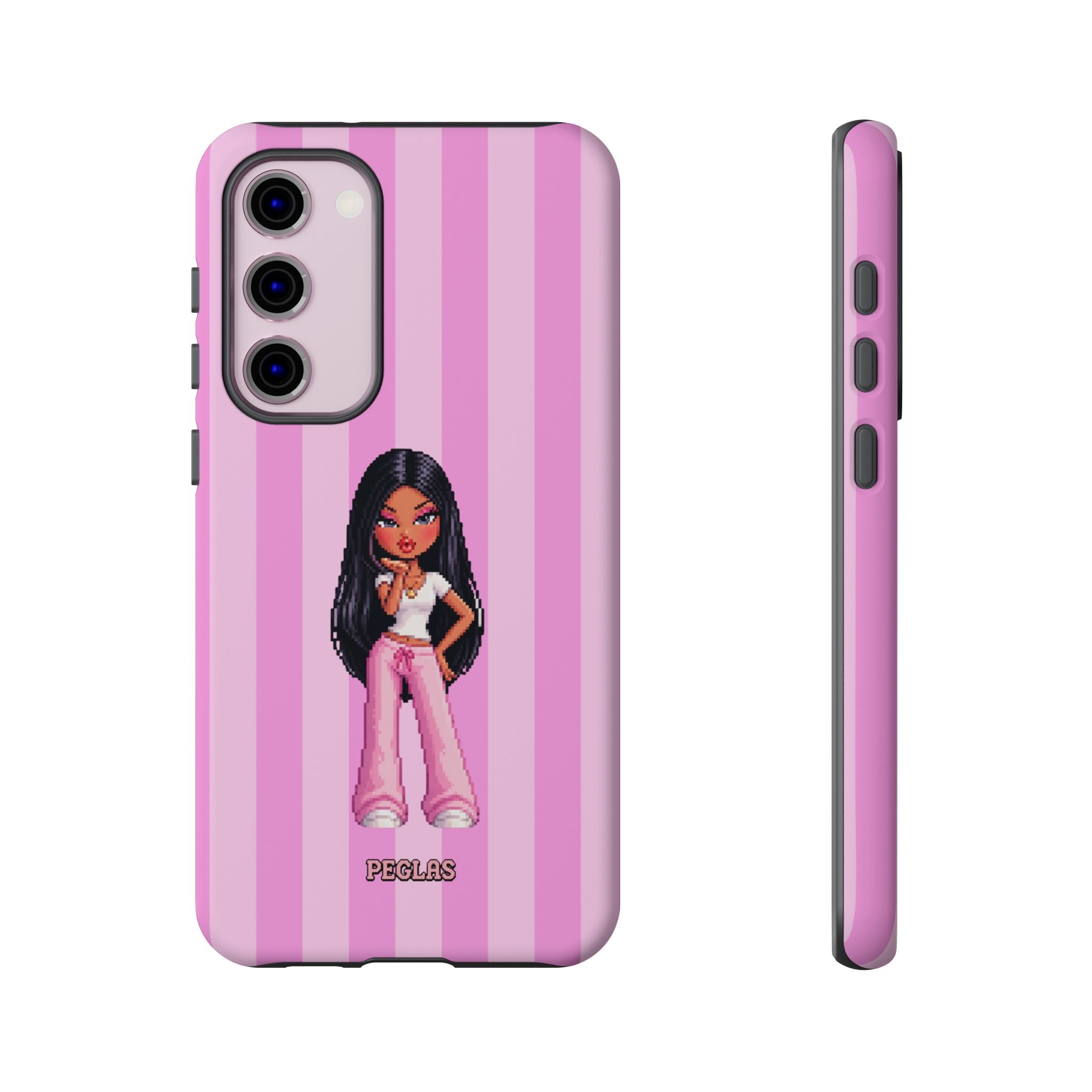 Pink Pixel Art Doll Phone Case — Y2K Baddie Girl Illustration