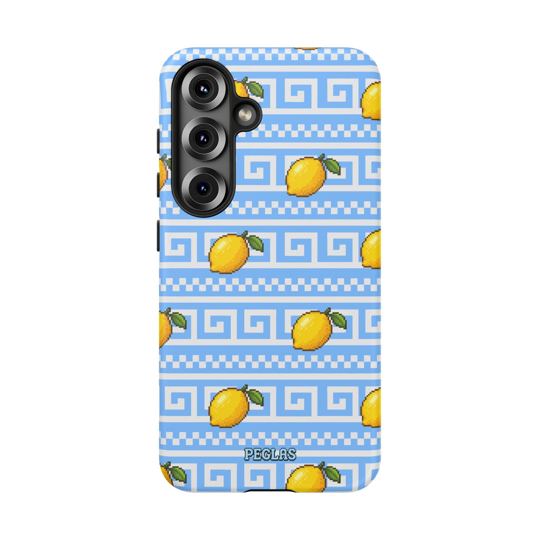 Lemon Greek Key Phone Case — Blue Citrus Pattern Tough Case