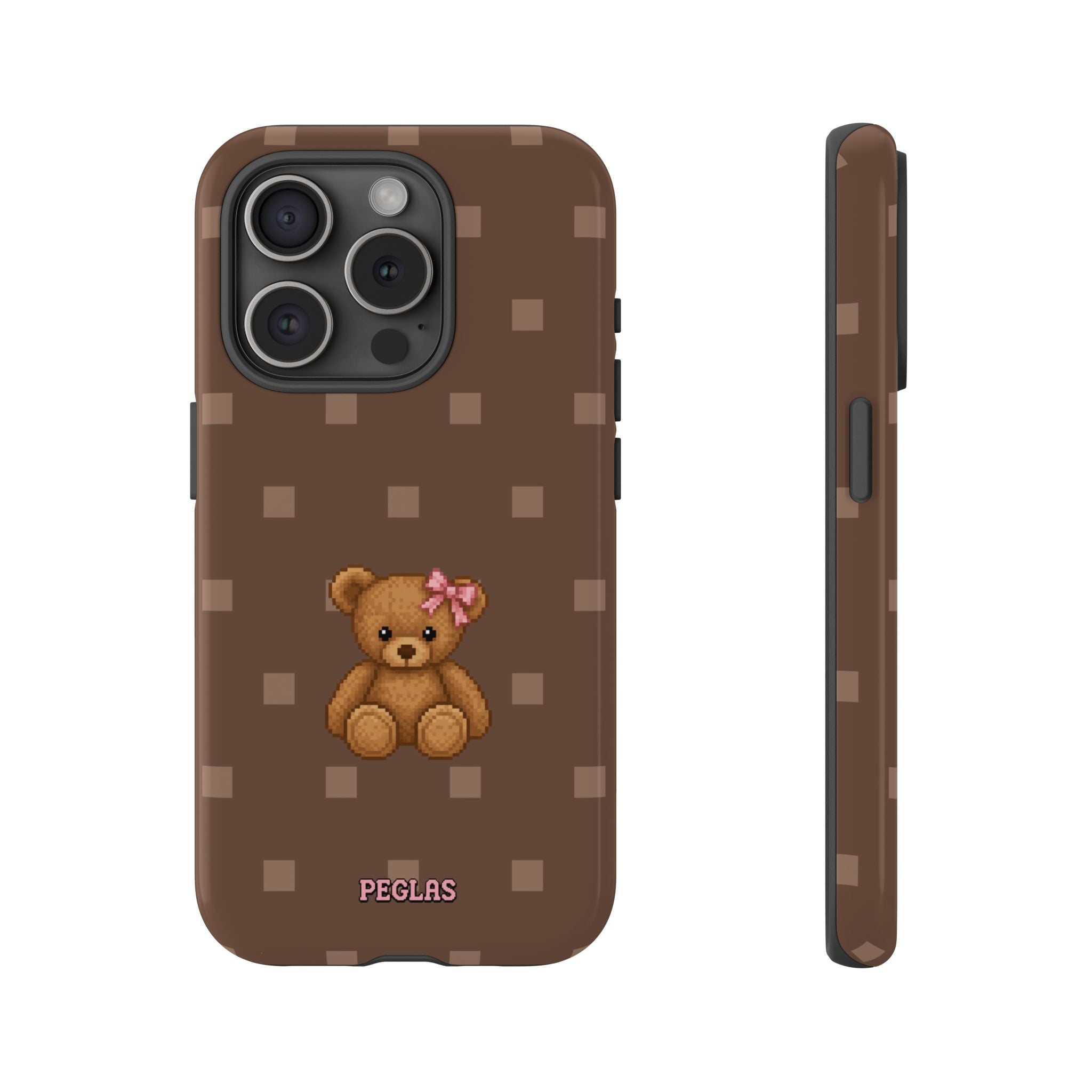 Teddy Bear Tough Phone Case — Cute Brown Polka Dot Protective Cover