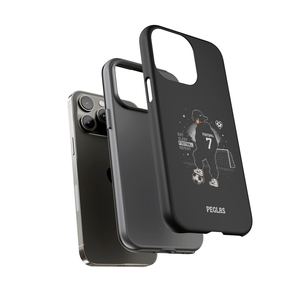 Football Player Phone Case - 'Eat Sleep Football Repeat' Black Tough Case, Soccer Goal Graphic