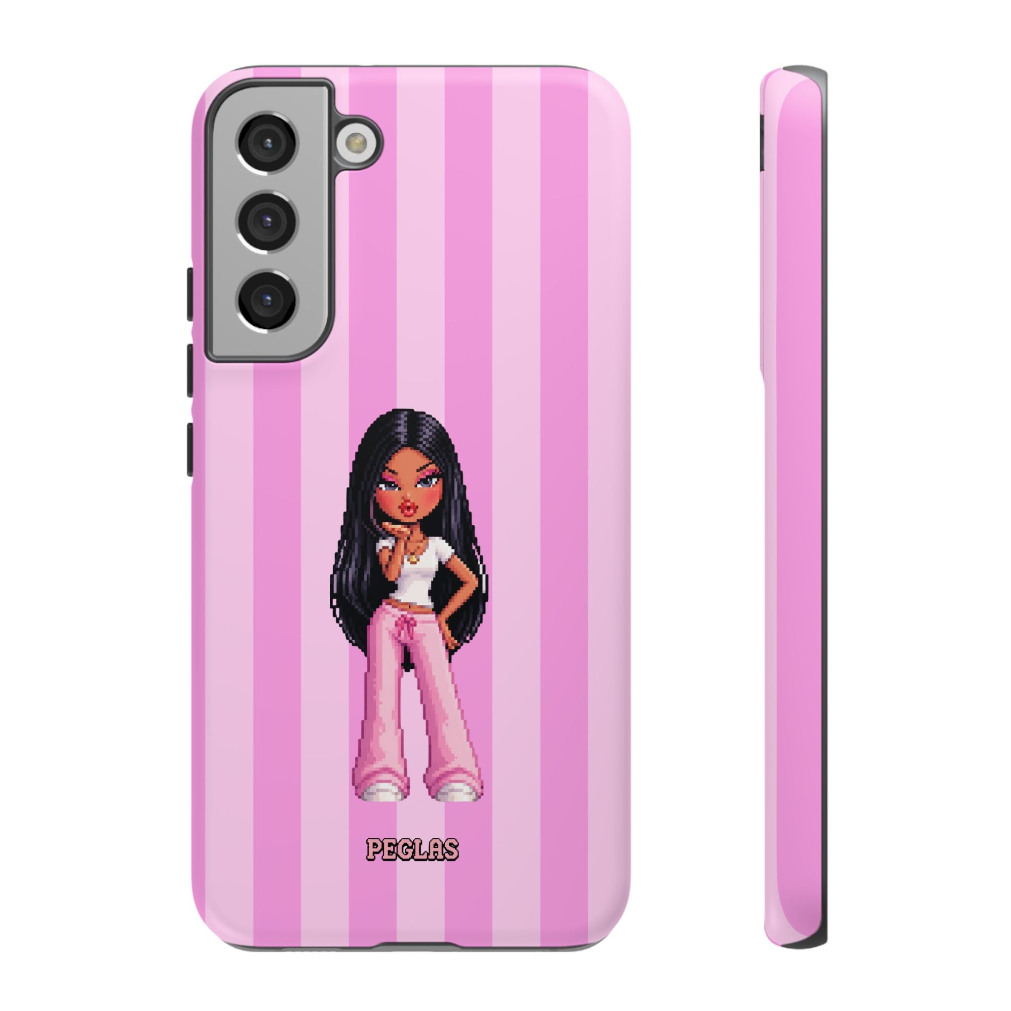 Pink Pixel Art Doll Phone Case — Y2K Baddie Girl Illustration