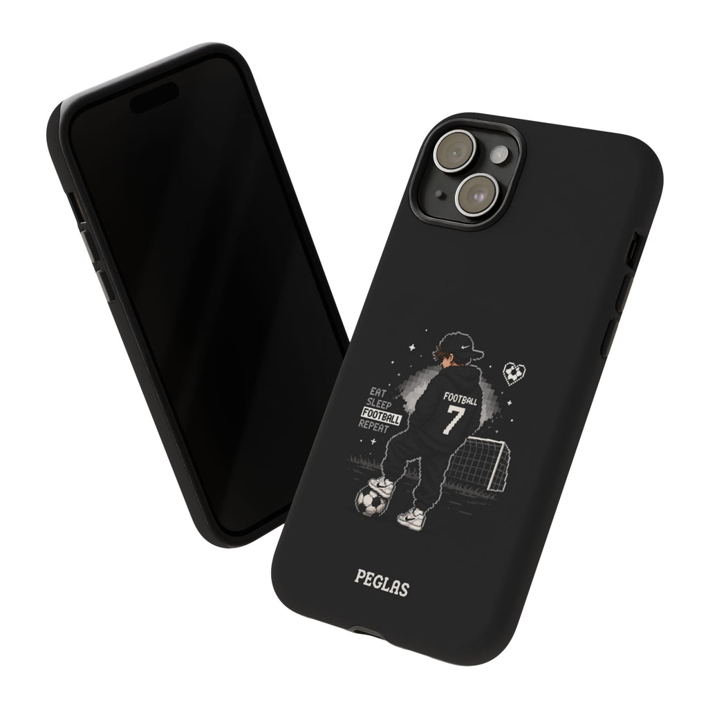 Football Player Phone Case - 'Eat Sleep Football Repeat' Black Tough Case, Soccer Goal Graphic