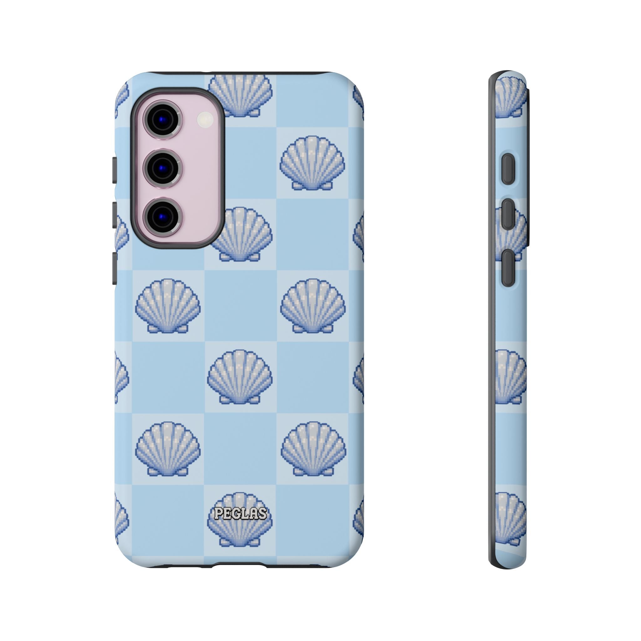 Shell Checkerboard Tough Phone Case — Light Blue Seashell Protective Cover