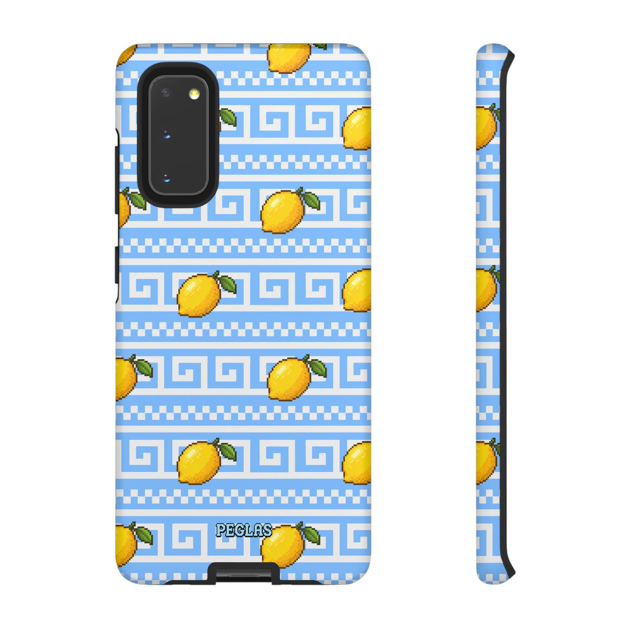 Lemon Greek Key Phone Case — Blue Citrus Pattern Tough Case